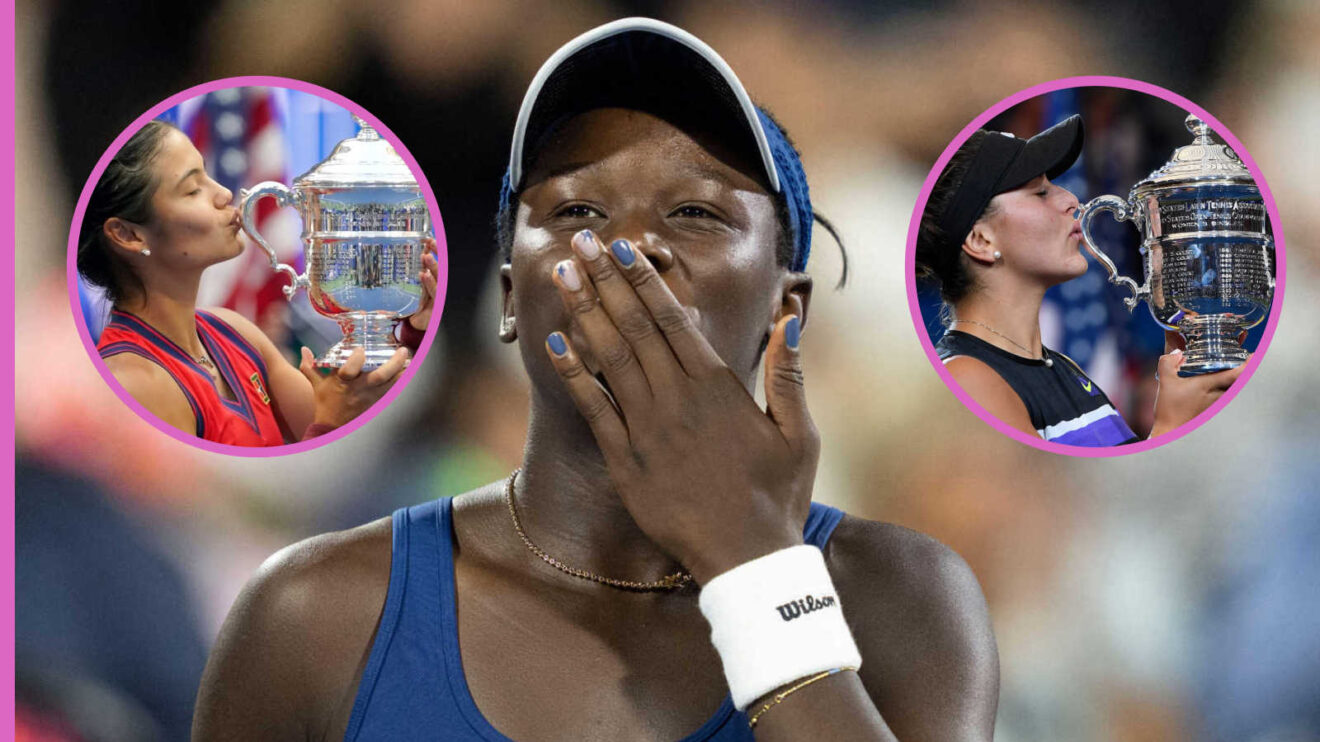 Pictured: Victoria Mboko with insets of Emma Raducanu and Bianca Andreescu