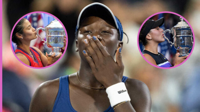 Pictured: Victoria Mboko with insets of Emma Raducanu and Bianca Andreescu