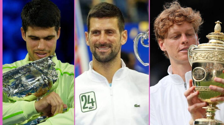 Pictured L-R: Carlos Alcaraz, Novak Djokovic, and Jannik Sinner.