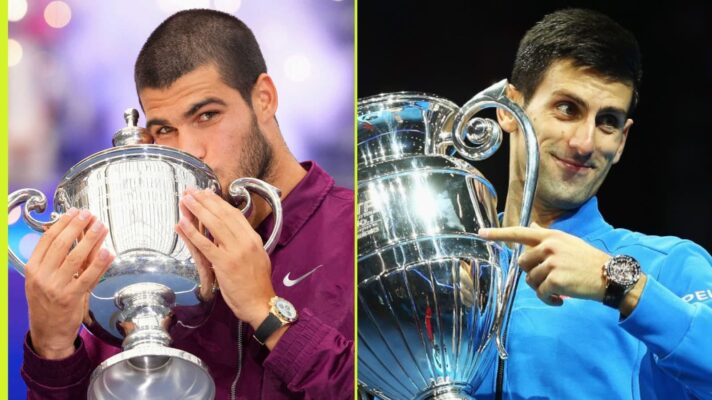 Pictured L-R: Carlos Alcaraz and Novak Djokovic.