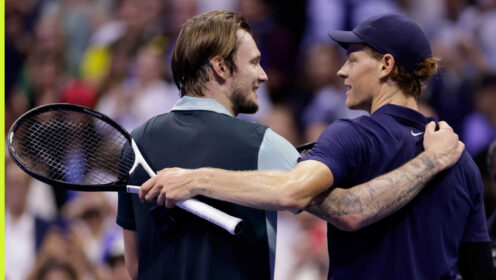 Pictured: Alexander Bublik and Jannik Sinner hugging