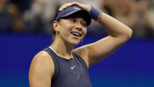 Pictured: Amanda Anisimova celebrates during a match.