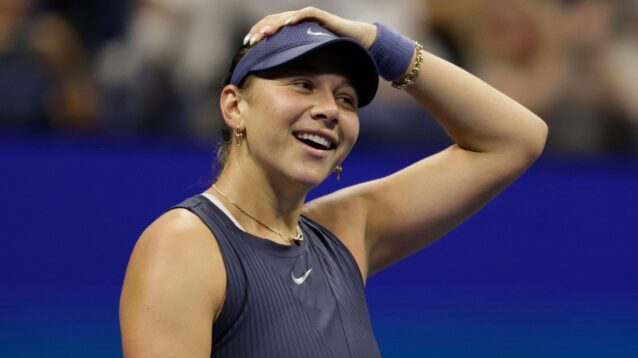 Pictured: Amanda Anisimova celebrates during a match.