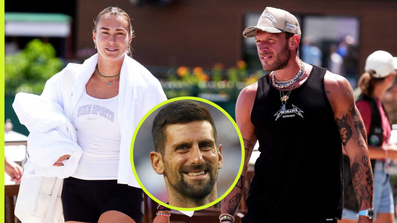 Pictured: Aryna Sabalenka and Georgios Frangulis with Novak Djokovic
