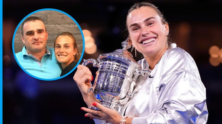 Pictured: Aryna Sabalenka after her 2025 US Open win, and with her father Sergey.