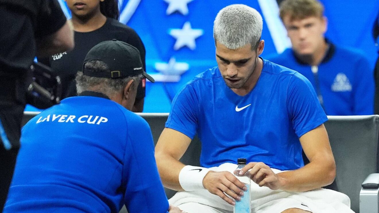 Pictured: Carlos Alcaraz during a change of ends at the Laver Cup