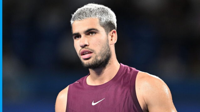 Pictured: Carlos Alcaraz looks on during a match.