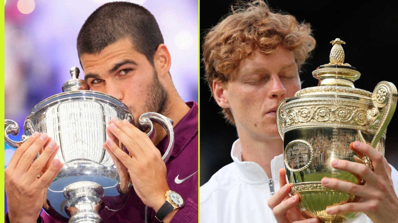 Pictured: Carlso Alcaraz with US Open trophy and Jannik Sinner with Wimbledon trophy