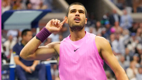 Pictured: Carlos Alcaraz reacts during his match