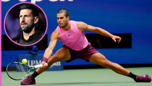 Pictured: Carlos Alcaraz with inset of Novak Djokovic