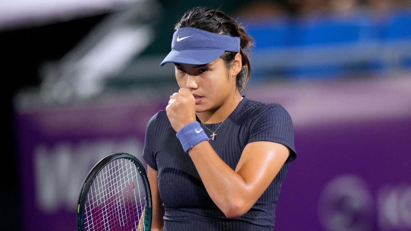 Emma Raducanu fistpumps during a match.
