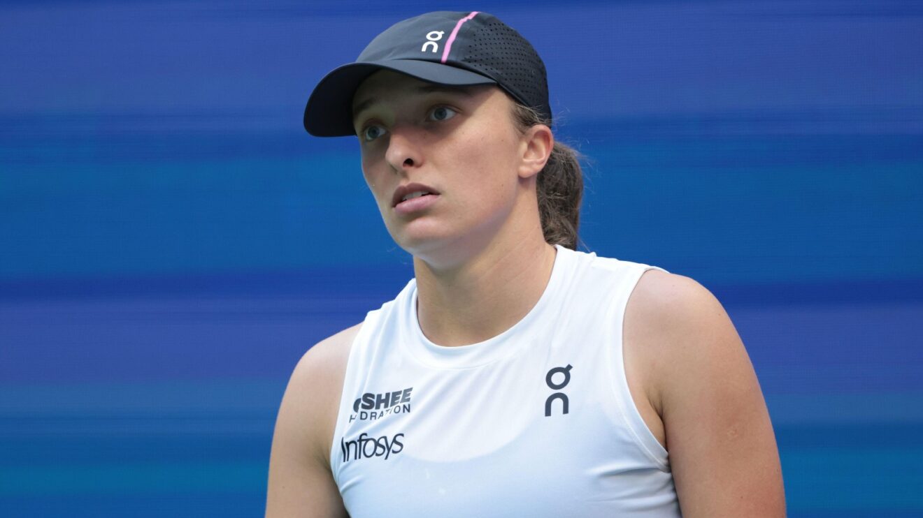Pictured: Iga Swiatek looks on during a match.