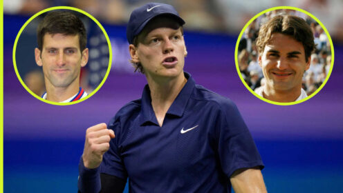Pictured: Jannik Sinner with Novak Djokovic and Roger Federer insets