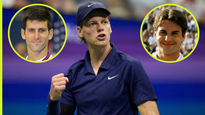 Pictured: Jannik Sinner with Novak Djokovic and Roger Federer insets