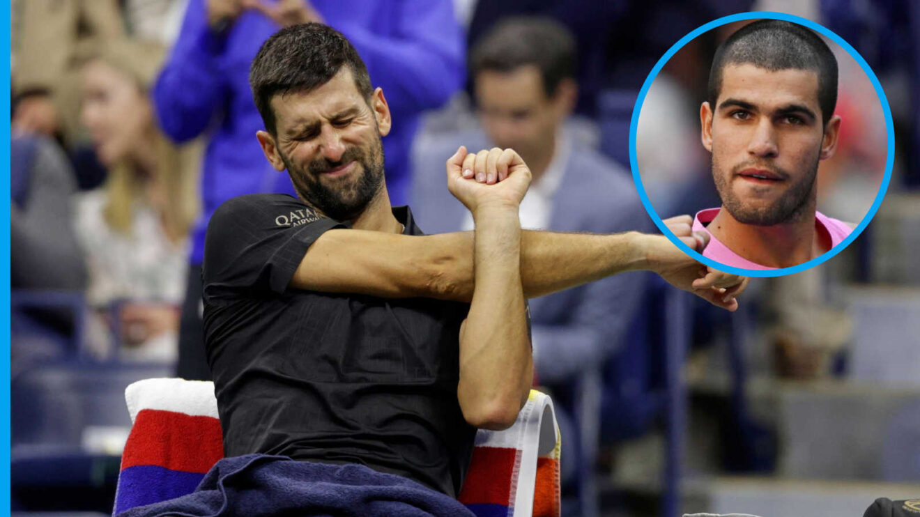 Pictured: Novak Djokovic with an inset of Carlos Alcaraz