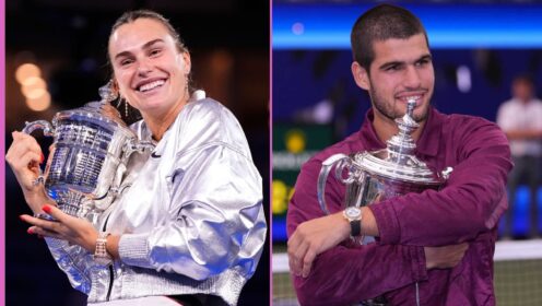 Pictured L-R: Aryna Sabalenka and Carlos Alcaraz lift the 2025 US Open titles.