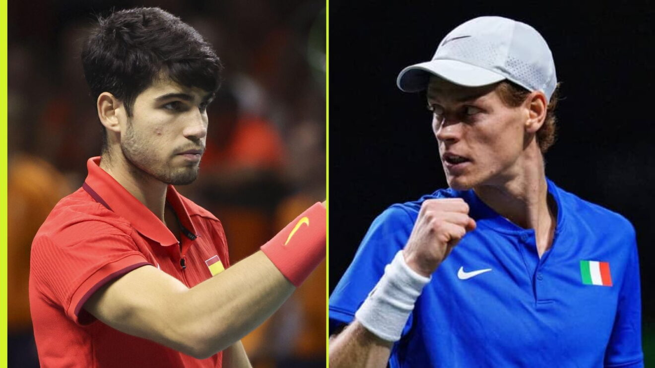 Pictured L-R: Carlos Alcaraz and Jannik Sinner fistpump.