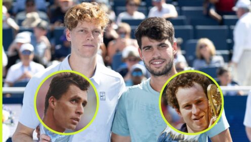 Pictured: Jannik Sinner, Carlos Alcaraz, Ivan Lendl, and John McEnroe.