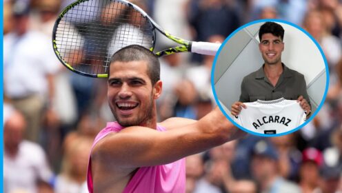 Carlos Alcaraz holding a Swansea City shirt