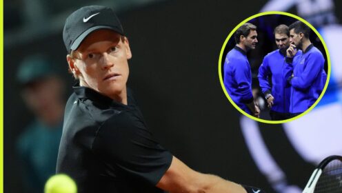 Jannik Sinner with Roger Federer, Rafa Nadal and Novak Djokovic.