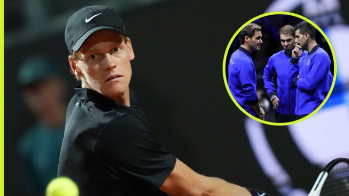 Jannik Sinner with Roger Federer, Rafa Nadal and Novak Djokovic.