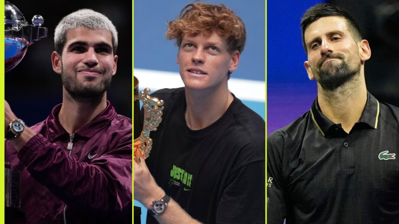 Pictured L-R: Carlos Alcaraz, Jannik Sinner, Novak Djokovic.