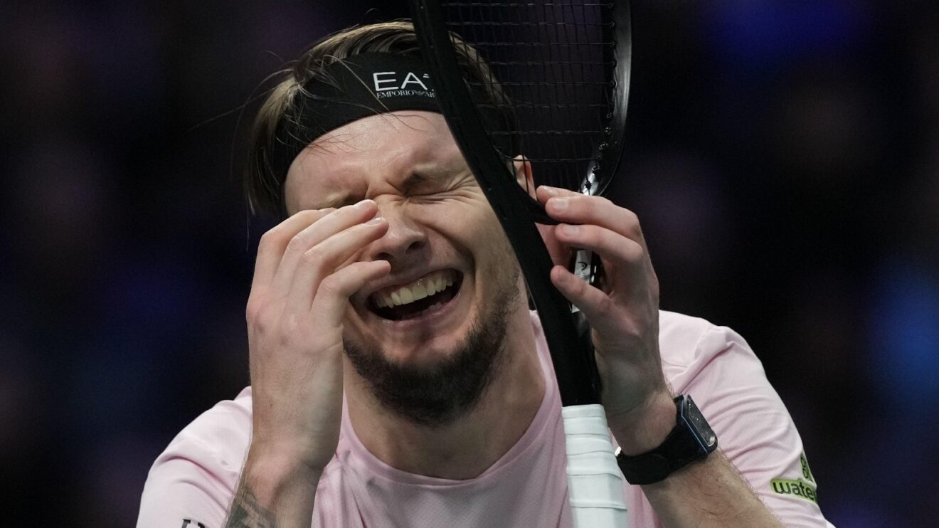 Alexander Bublik celebrates after a win.