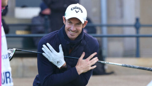 Pictured: Andy Murray joking on the golf course