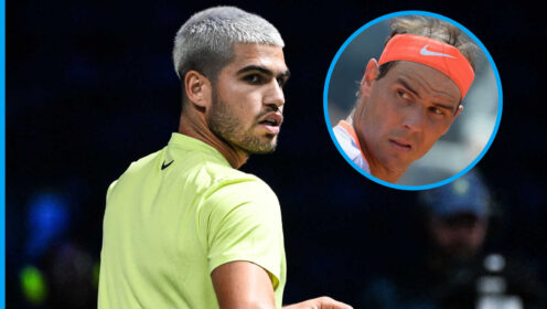 Pictured: Carlos Alcaraz with an inset of Rafael Nadal