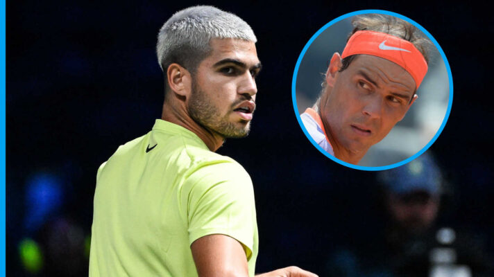 Pictured: Carlos Alcaraz with an inset of Rafael Nadal