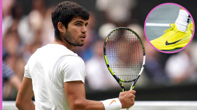 Pictured: Carlos Alcaraz with inset of Nike shoes