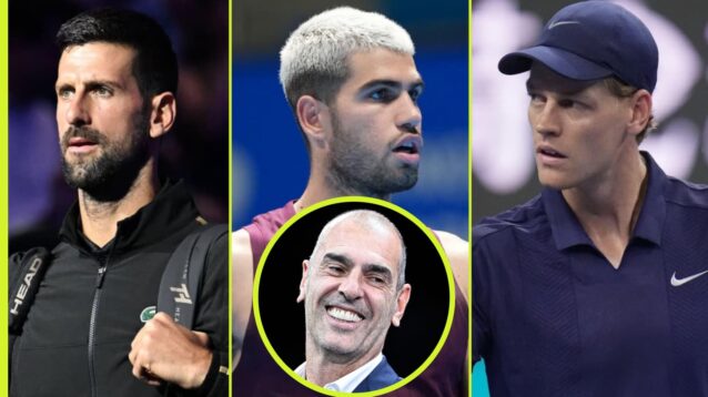 Novak Djokovic, Carlos Alcaraz and Jannik Sinner with Cedric Pioline