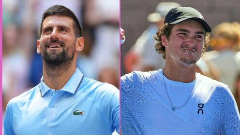 Pictured L-R: Novak Djokovic and Joao Fonseca.