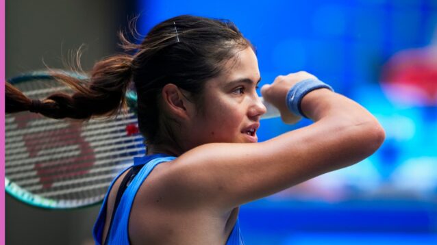 Emma Raducanu hits a forehand