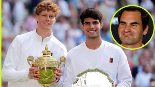 Pictured: Jannik Sinner and Carlos Alcaraz with Roger Federer inset
