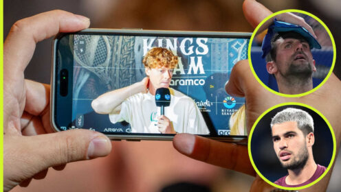 Pictured: Jannik Sinner with insets of Novak DJokovic and Carlos Alcaraz