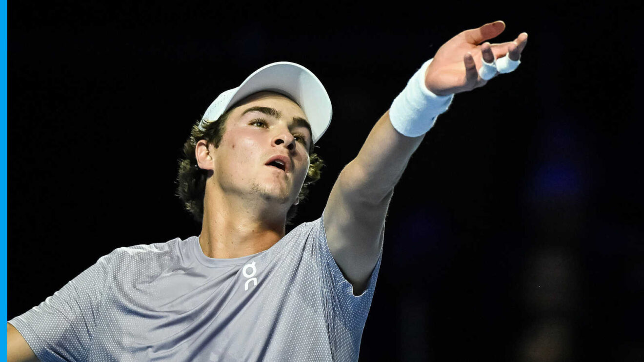 Pictured: Joao Fonseca serving