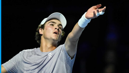 Pictured: Joao Fonseca serving