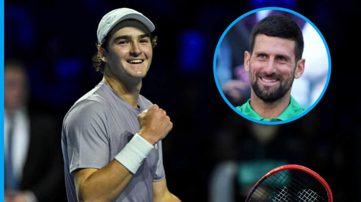 Pictured: Joao Fonseca with inset of Novak Djokovic