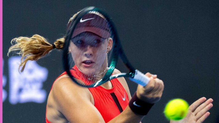 Pictured: Mirra Andreeva plays a shot