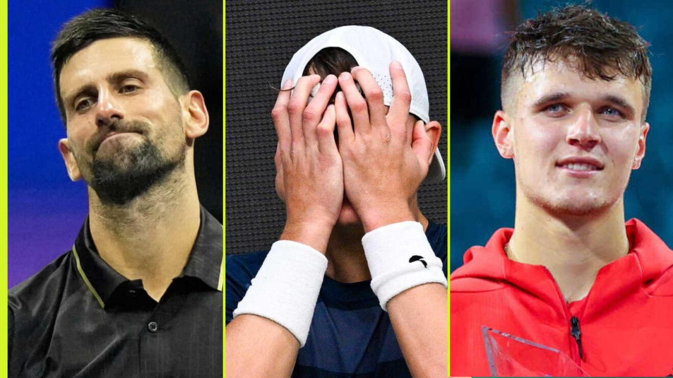 Pictured: Novak Djokovic, Holger Rune and Jakub Mensik