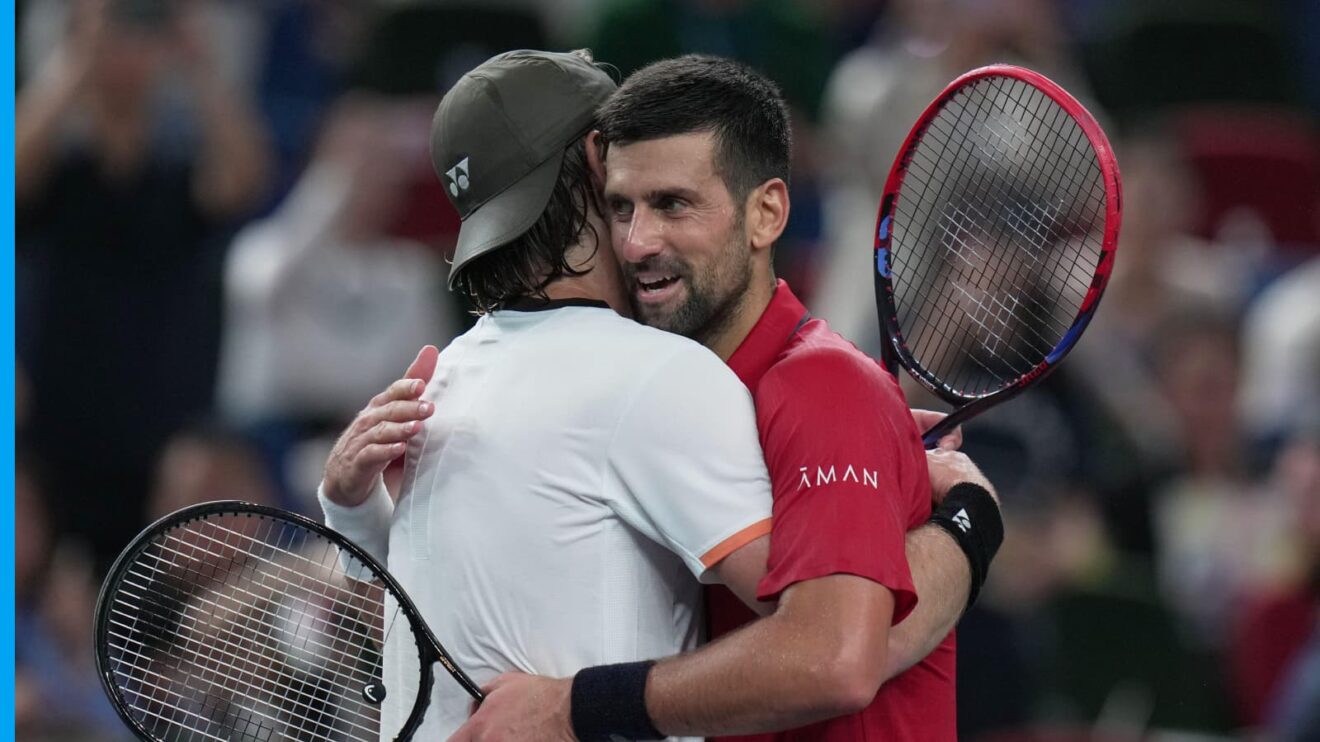 Zizou Bergs and Novak Djokovic at the net