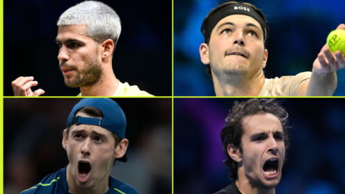 Pictured: Carlos Alcaraz, Taylor Fritz, Alex de Minaur, and Lorenzo Musetti.