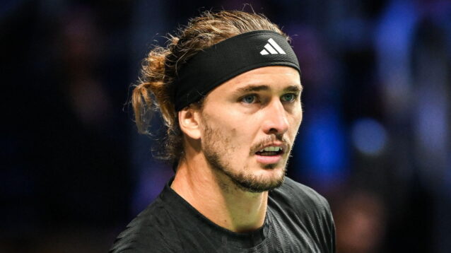 Pictured: Alexander Zverev looks on during a match.