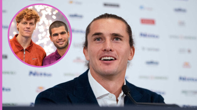 Pictured: Alexander Zverev with inset of Jannik Sinner and Carlos Alcaraz
