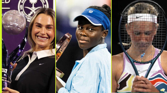 Pictured: Aryna Sabalenka, Victoria Mboko and Victoria Azarenka