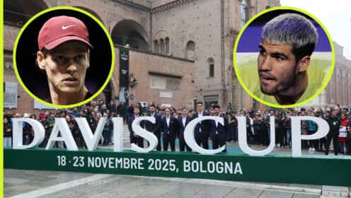 Pictured: Davis Cup Final banner with insets of Jannik Sinner and Carlos Alcaraz
