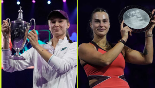 Pictured: Elena Rybakina and Aryna Sabalenka with WTA Finals trophies