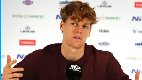Pictured: Jannik Sinner speaks during a press conference.