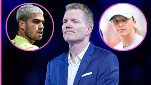 Pictured: Jim Courier with insets of Carlos Alcaraz and Iga Swiatek